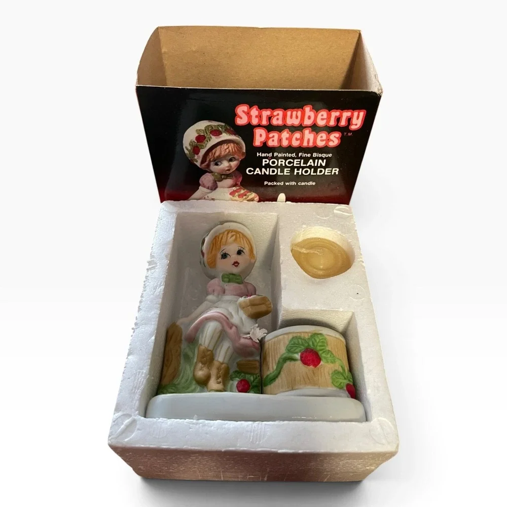 Vintage Strawberry Patches Porcelain Candle Holder Figurine JASCO 1980 NIB Hand